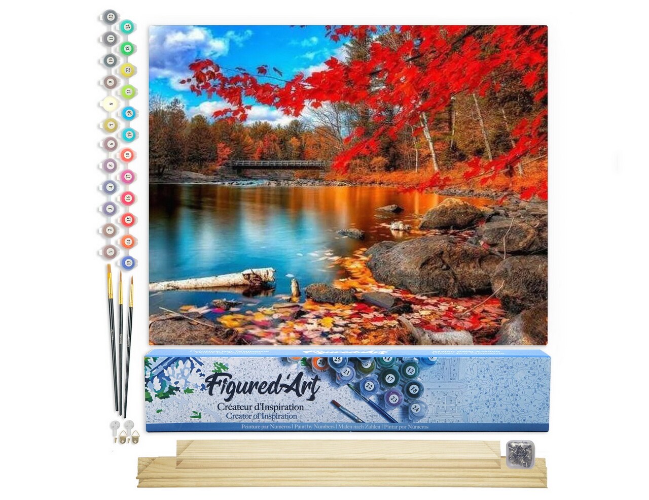 Figured'Art Paint by Numbers Kit for Adults River and Autumn Forest 16"x20" - Craft Art Painting Rolled Canvas with DIY wooden frame